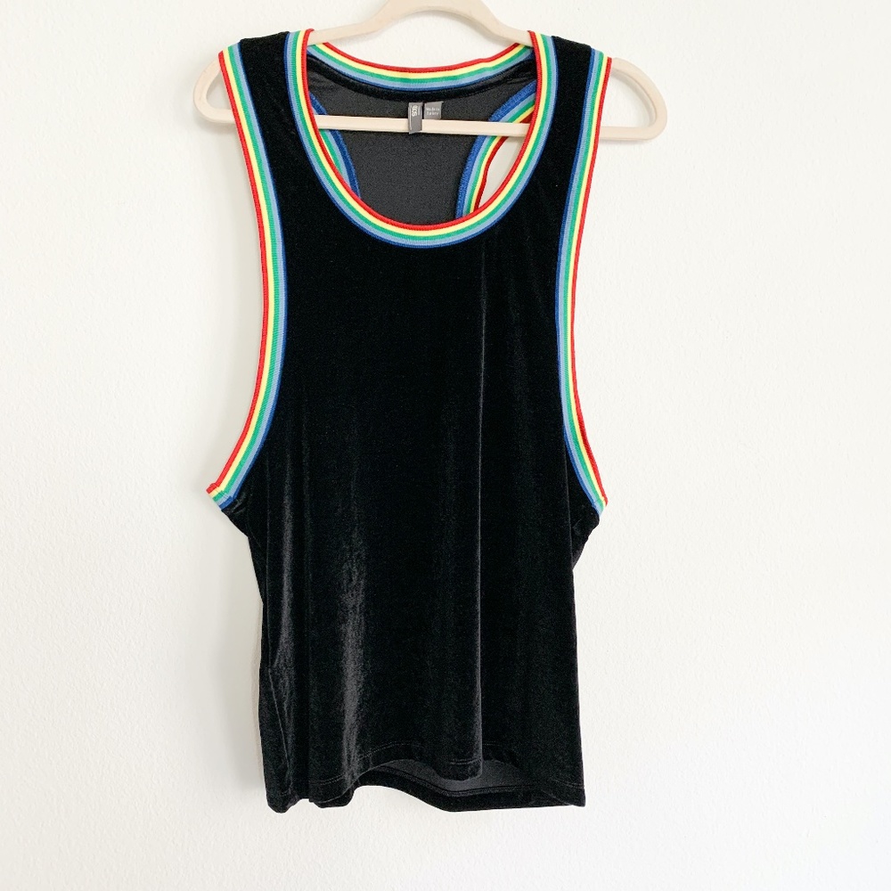 ASOS Black Velvet Wide Sleeve Rainbow Trim Tank S